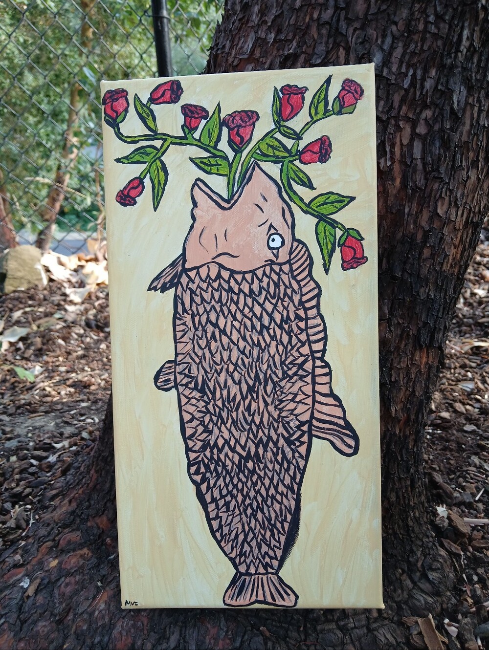 Fish Vase Holding Flowers Painting Folk Art
